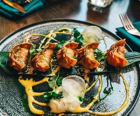 Knapperige gouden dumplings geserveerd met sesamzaad, verse kruiden, radijs en een romige saus op een elegant bord.